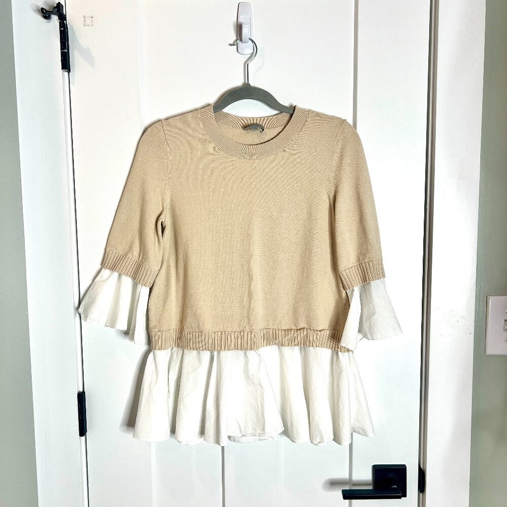 COS Oatmeal Mock Layered Crew Neck Sweater Ruffle Hem Academia Preppy Size XS